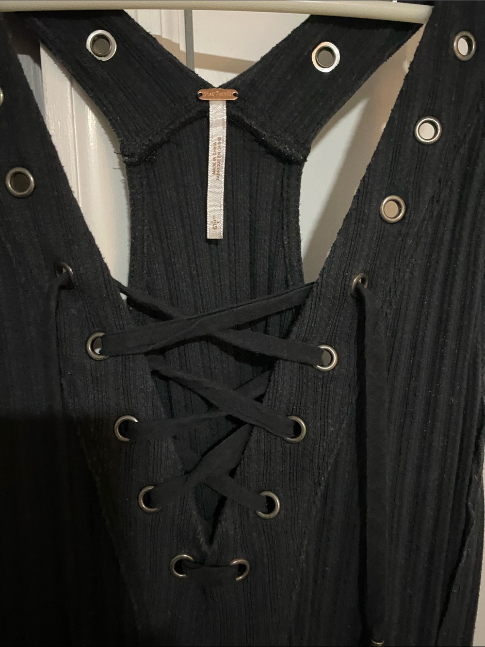 Free People Carly O Ring Black Ribbed Lace-Up Tank with Grommet Accents
